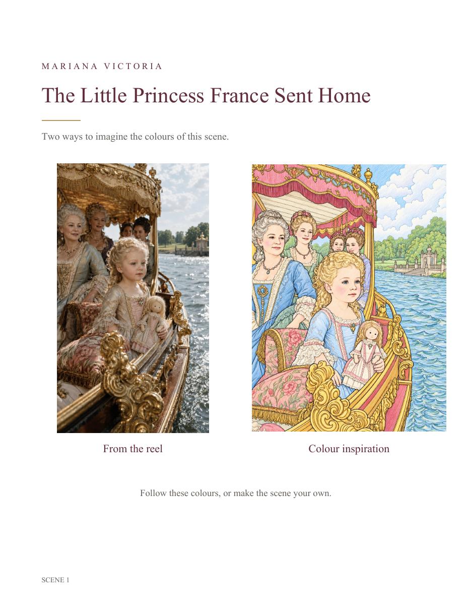 Actual book page with historical reference artwork and a coloured example for scene 1