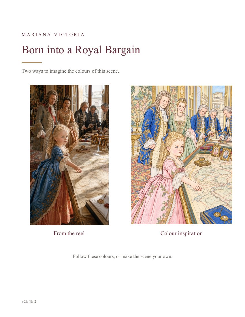 Actual book page with historical reference artwork and a coloured example for scene 2