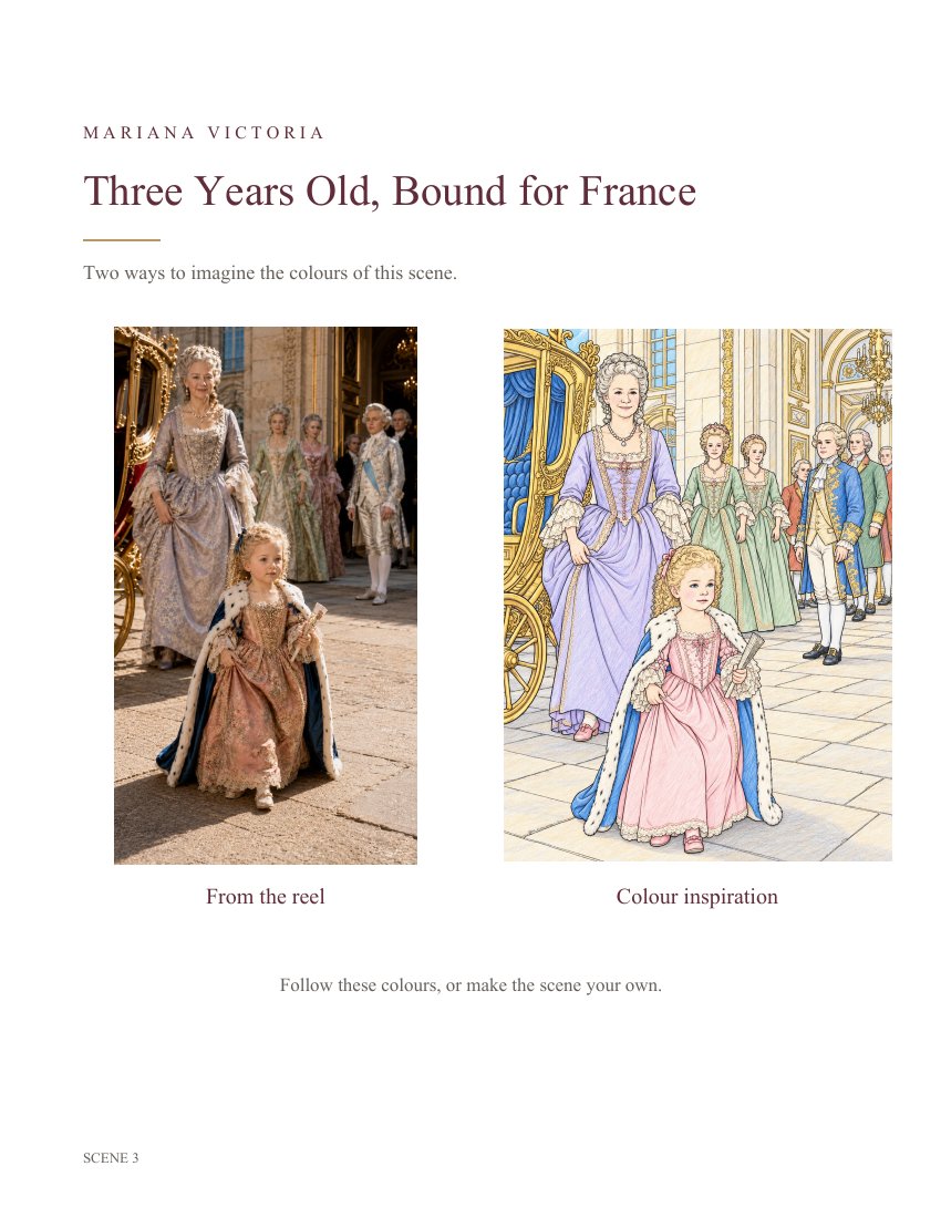 Actual book page with historical reference artwork and a coloured example for scene 3