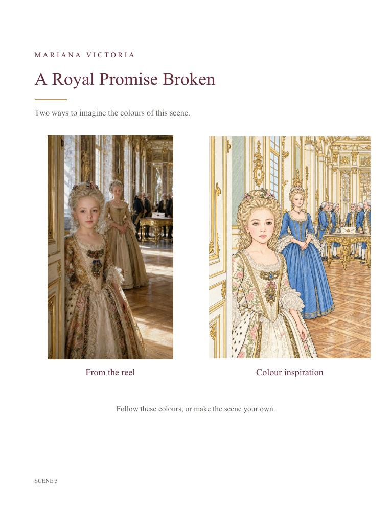 Actual book page with a still from the video and a coloured example for scene 5